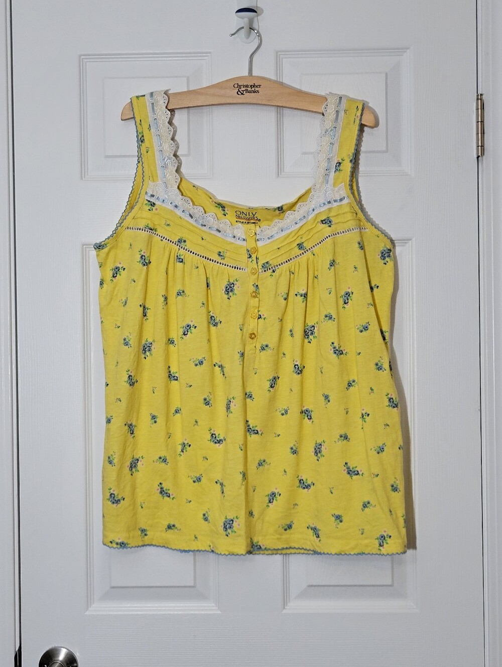 Only Necessities Cotton Butter Yellow Floral Lace-Trim Sleep Tank Top Plus 1x